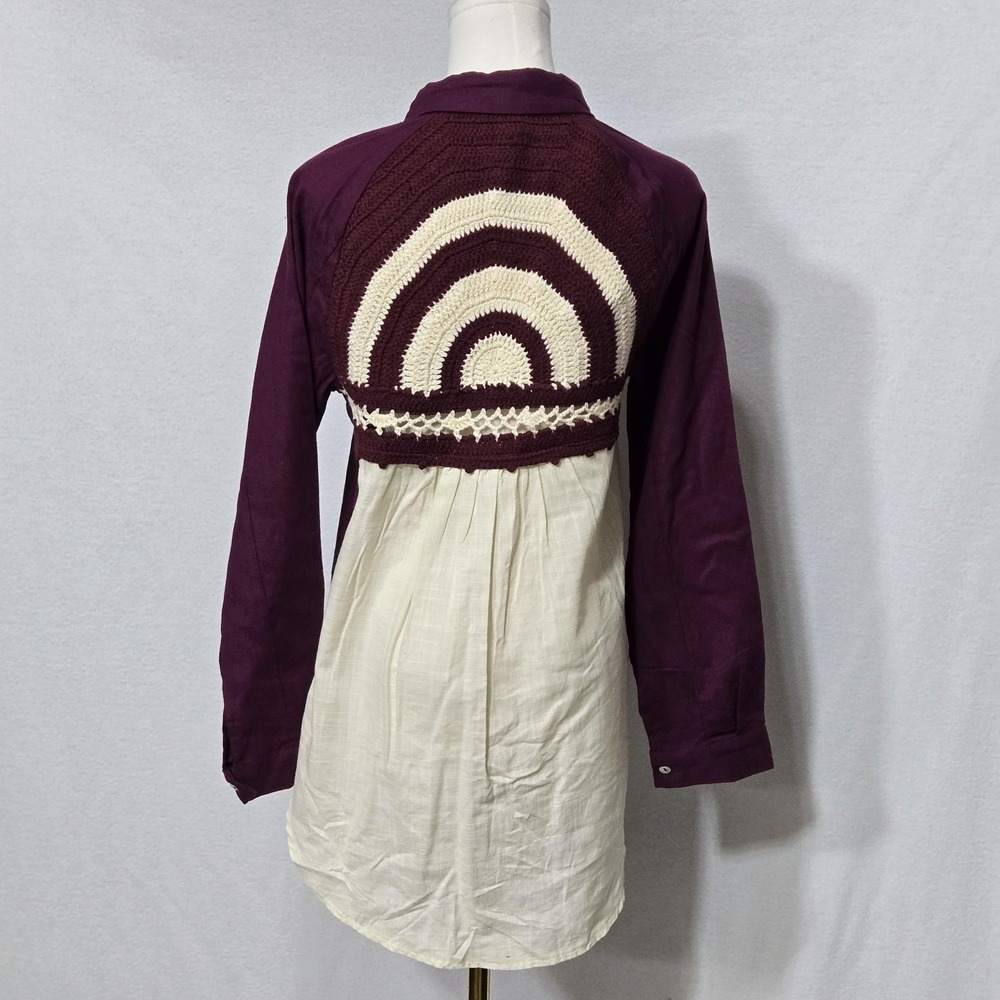 Oddi Shirt Womens Small Purple Colorblock Crochet Back Button Front Tunic Top